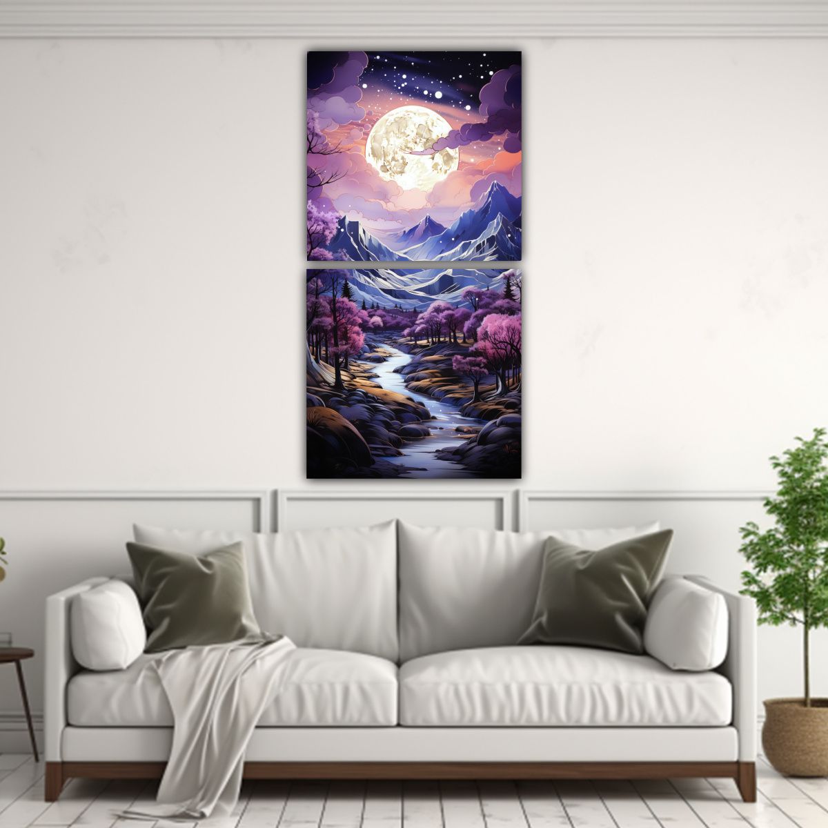 GENERICO - Cuadro De Dormitorio Con Luna Y Montañas En Tela 40x80 Cm