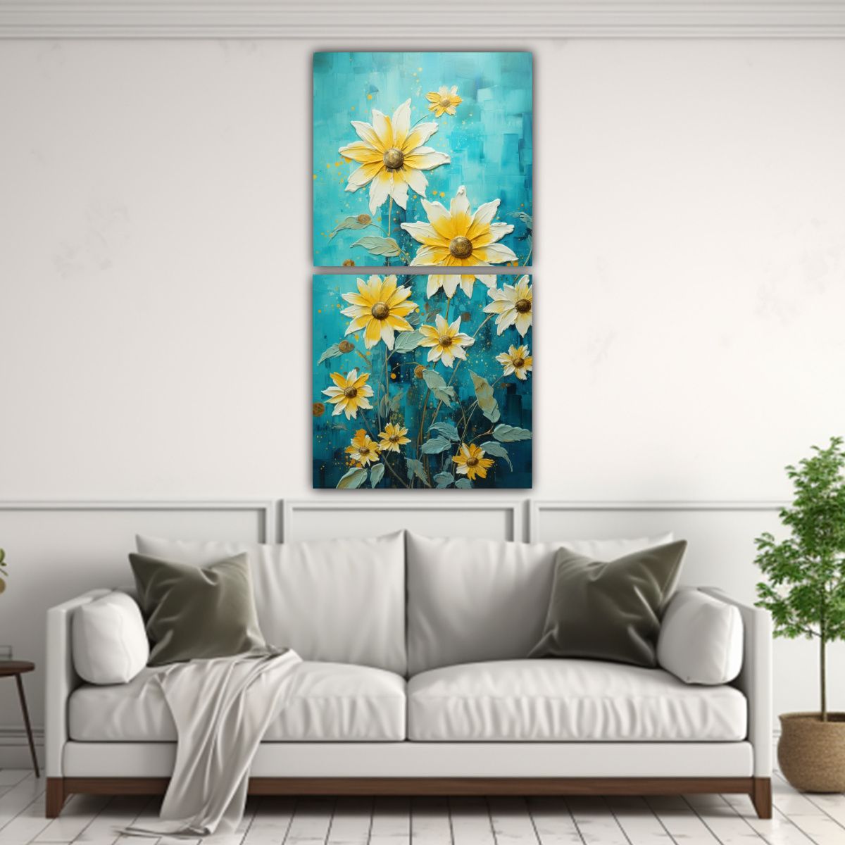 GENERICO - Cuadro En Lienzo Abstracto De Girasoles Turquesa 20x40 Cm