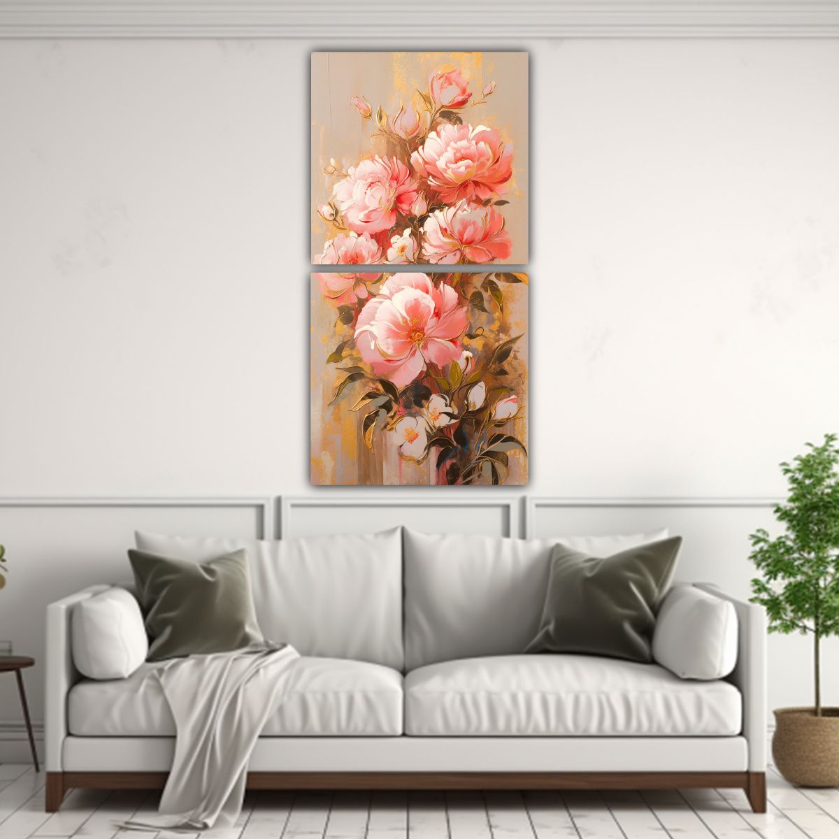 GENERICO - Cuadro De Pared Moderno Dorado Y Rosa Con Flores 60x120 Cm