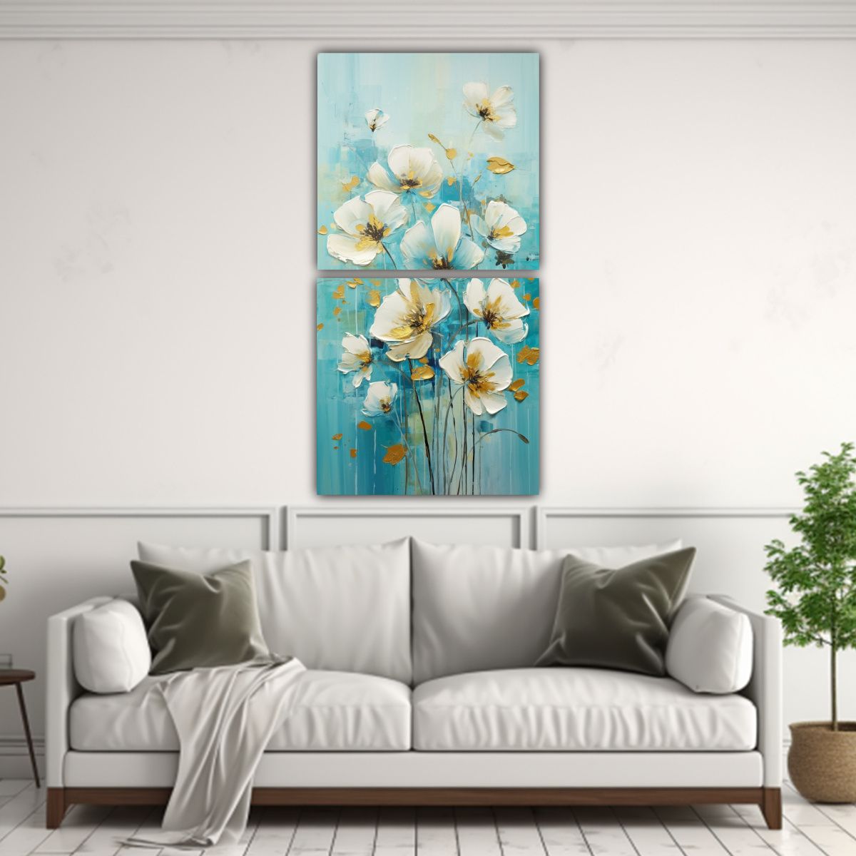GENERICO - Díptico Tonos Calidez A Flores Turquesas En 30x60 Cm