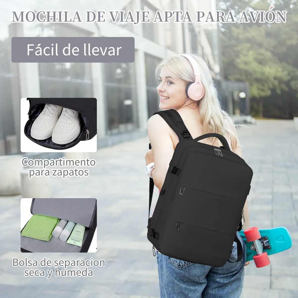 SUPERCENTER - Mochila De Viaje Avión Aprobado Gran Capacidad Negro