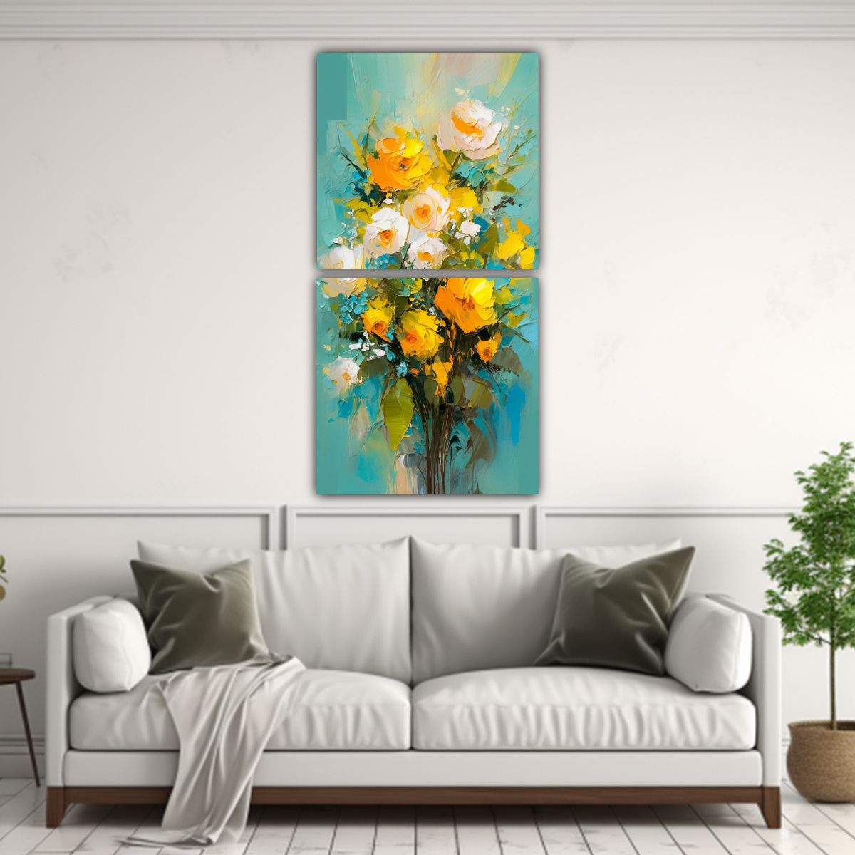 GENERICO - Cuadro De Flores Amarillas Y Turquesas En Lienzo 20x40 Cm