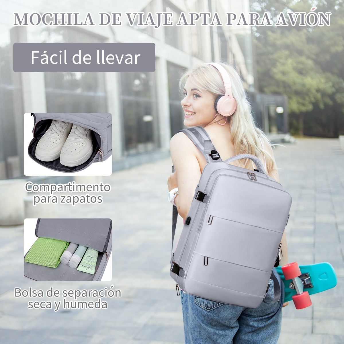 SUPERCENTER - Mochila De Viaje Avión Aprobado Gran Capacidad Gris