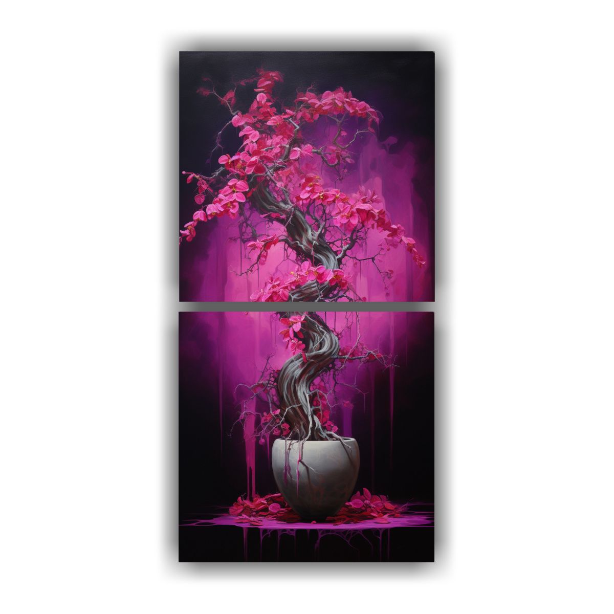 GENERICO - Pintura Abstracta De Bonsái De Fucsia En óleo 20x40 Cm