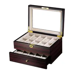 R24 - Caja Para Relojes 20 Espacios Madera Ebano Interior Marfil
