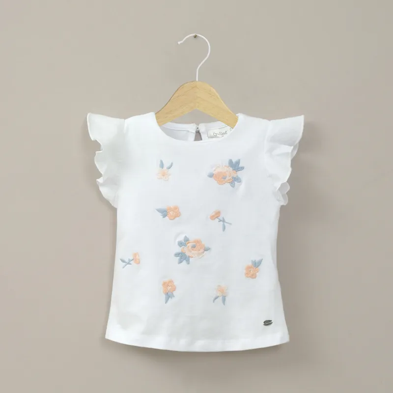 OPALINE - Polera manga corta bordada blanca de niña