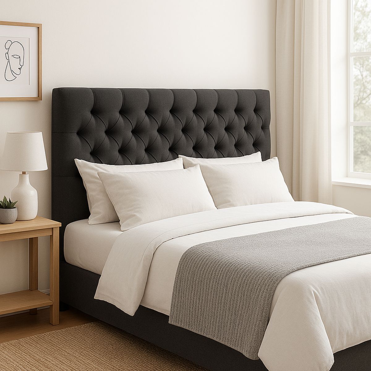 GENERICO - Cama 2 Plazas Modelo Capitone Gris Grafito