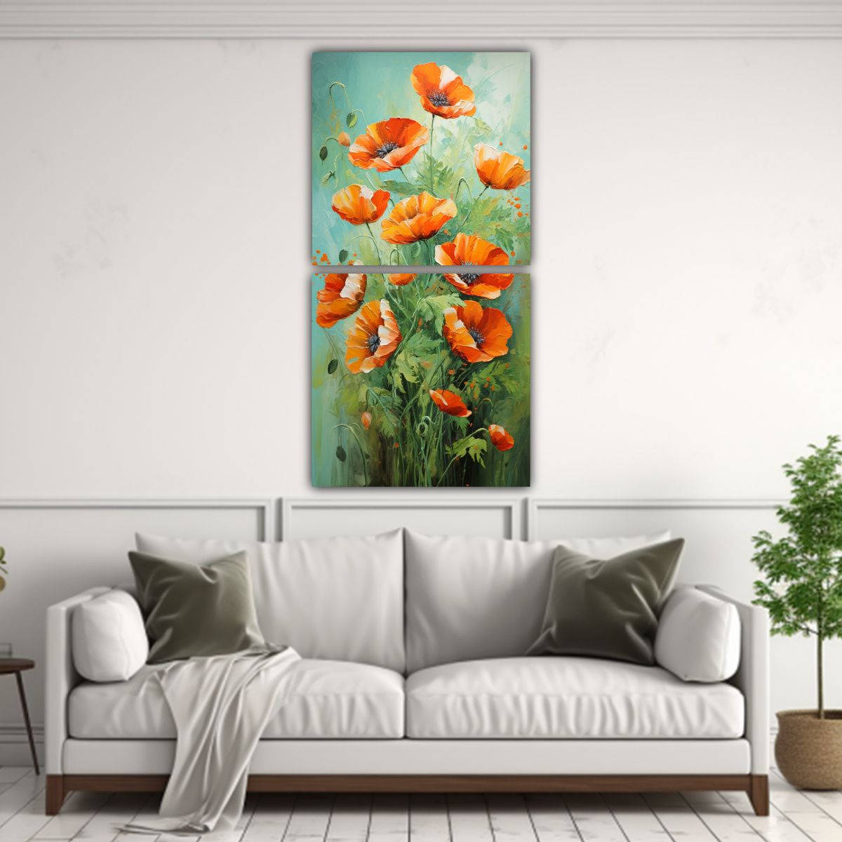 GENERICO - Pintura Abstracta De Flores En Verde Y Naranja 40x80 Cm