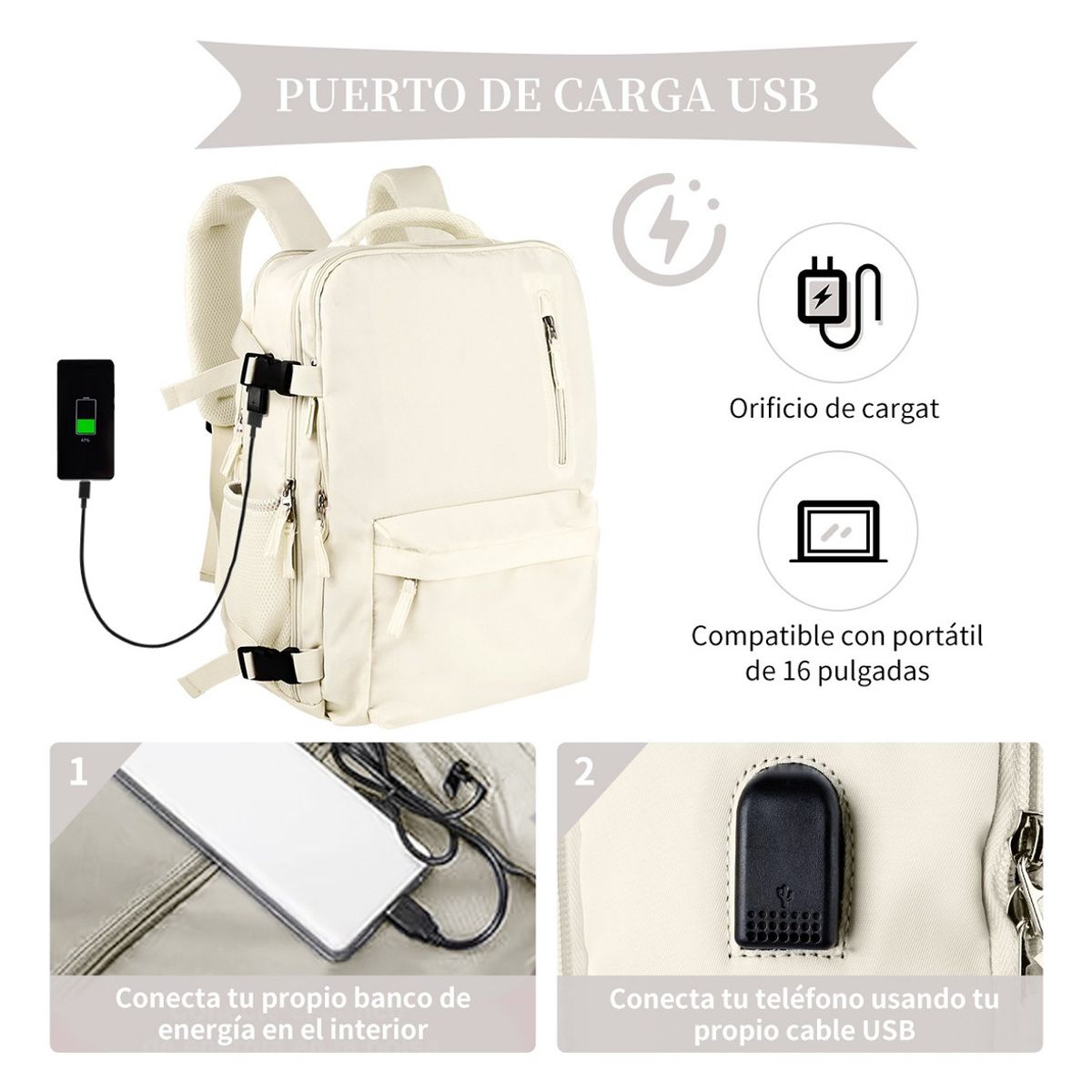 SUPERCENTER - Mochila De Viaje De Gran Capacidad Con Hombros Usb Puerto Beige