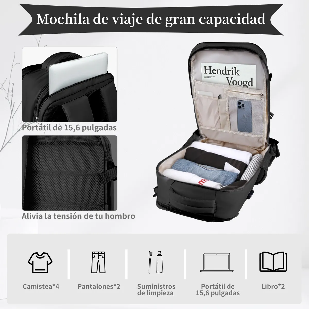SUPERCENTER - Mochila De Viaje De Gran Capacidad Con Hombros Usb Puerto Negro