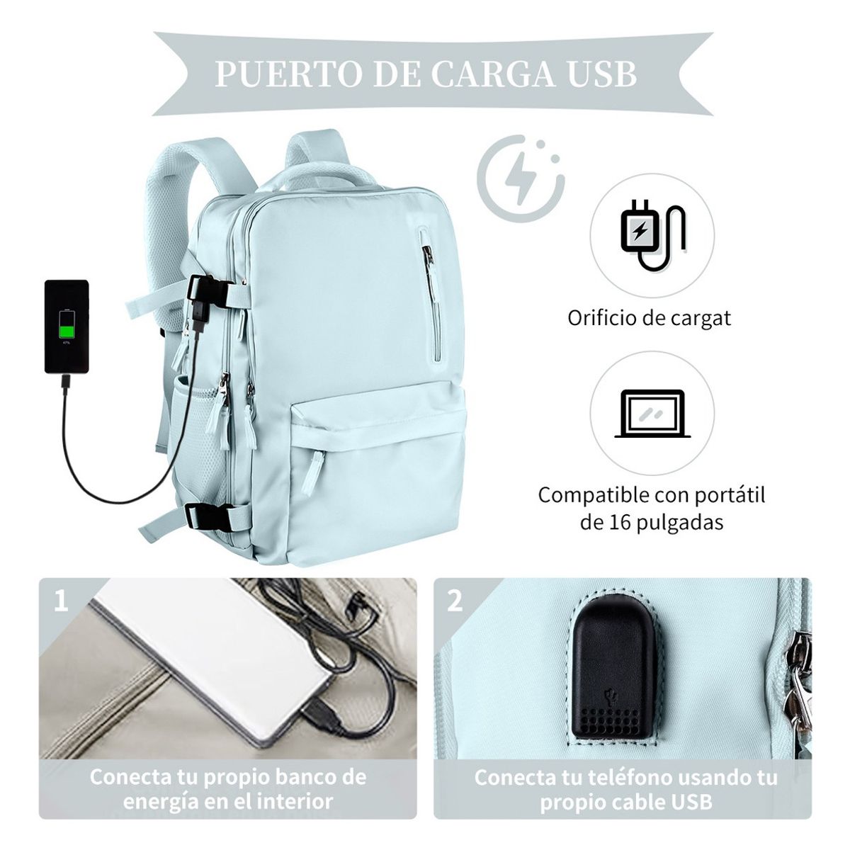 SUPERCENTER - Mochila De Viaje De Gran Capacidad Con Hombros Usb Puerto  Azul