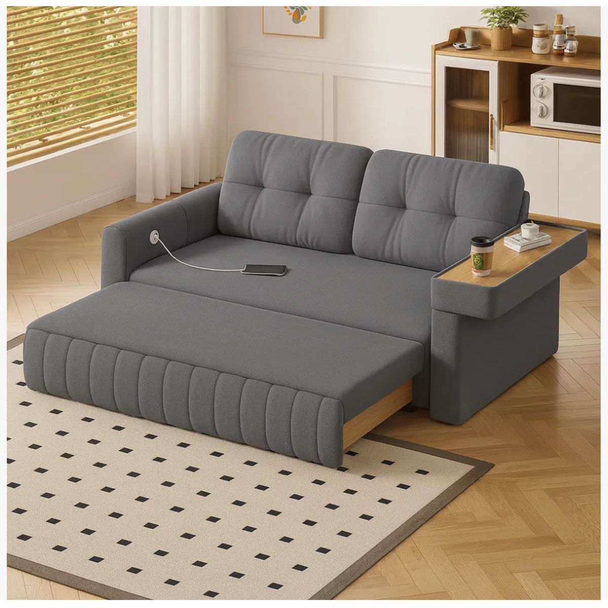 HOMER DESIGN - Sofa Cama 2 Cuerpo Alcenamiento Cama 1.5 Plazas Con Cargador