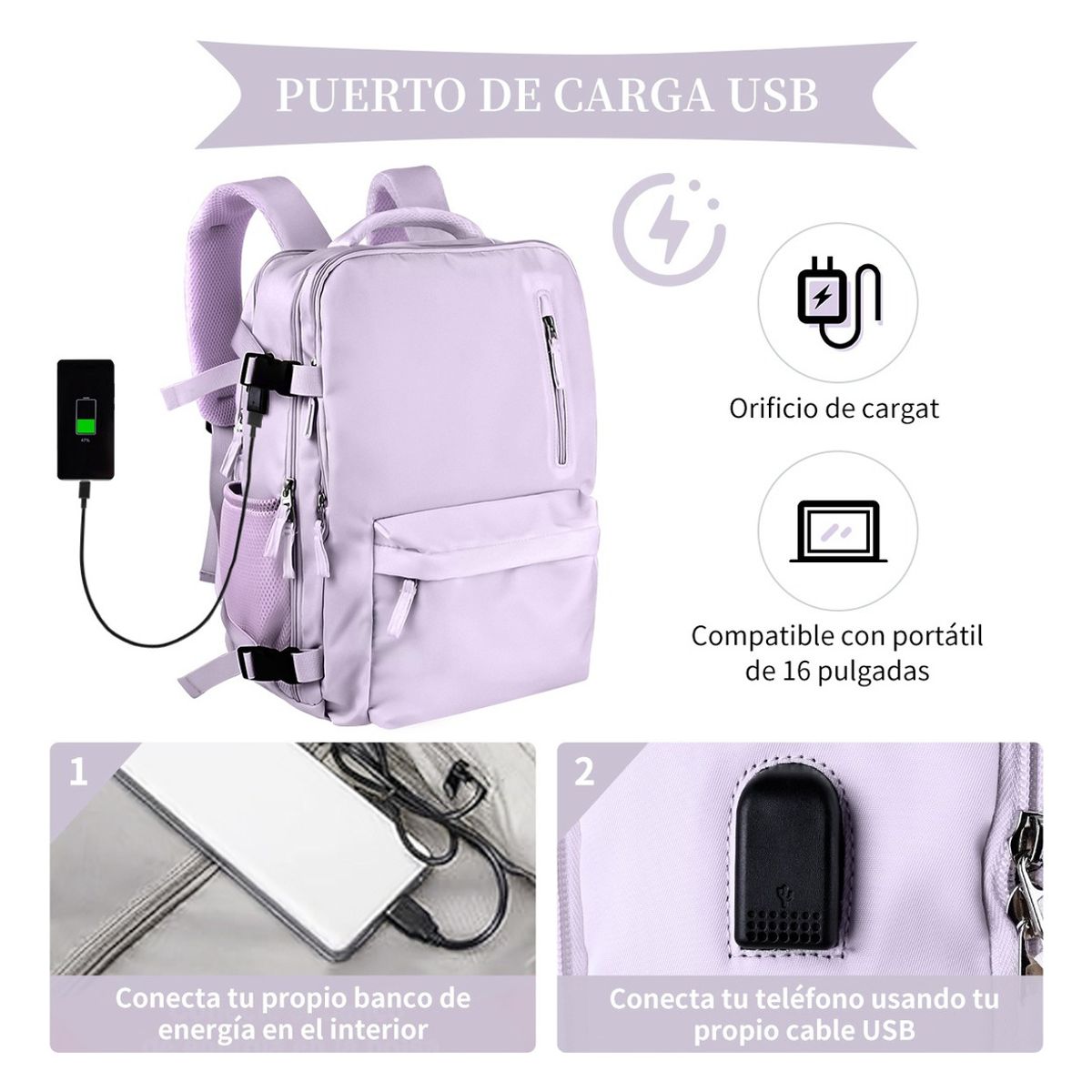 SUPERCENTER - Mochila De Viaje De Gran Capacidad Con Hombros Usb Puerto Violeta