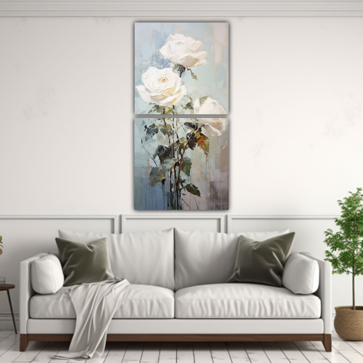 GENERICO - Cuadro Vertical Adorno De Rosas Blancas En Lienzo 30x60 Cm