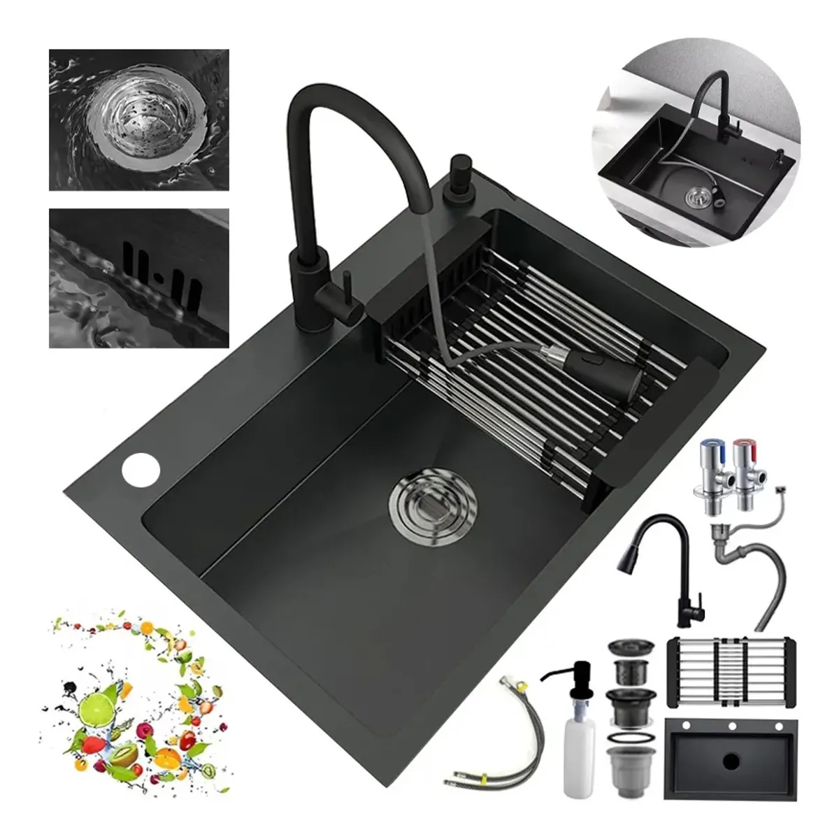 KUANGYE - Lavaplatos 60x45 Cm Negro Combo Fregadero Cocina Con Accesorios griferia Extraible