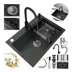 KUANGYE - Lavaplatos 60x45 Cm Negro Combo Fregadero Cocina Con Accesorios griferia Extraible