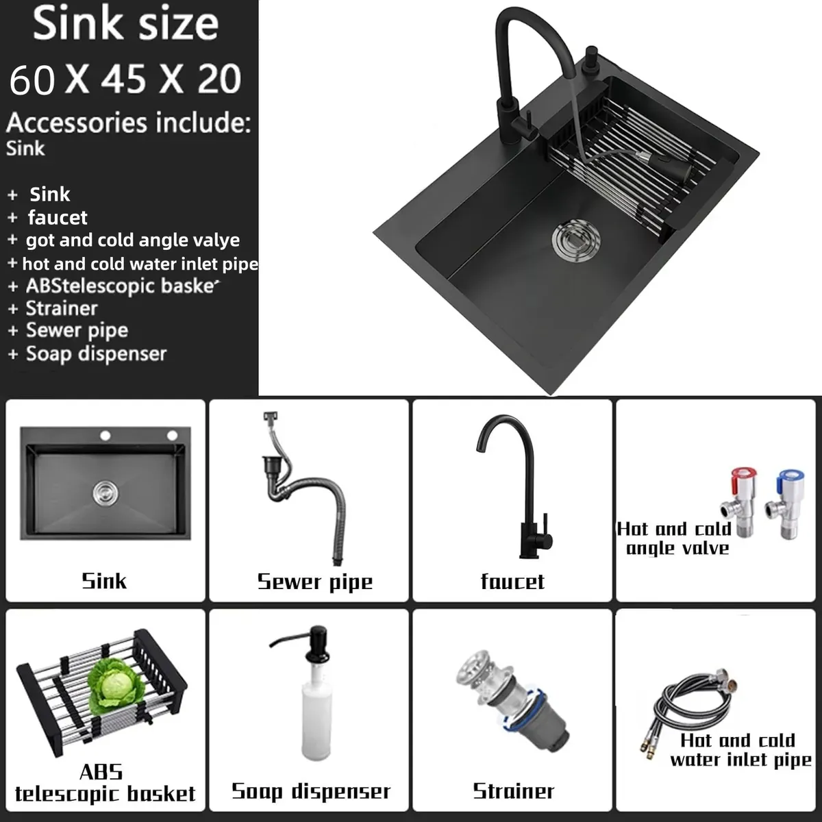 KUANGYE - Lavaplatos 60x45 Cm Negro Combo Fregadero Cocina Con Accesorios griferia Extraible