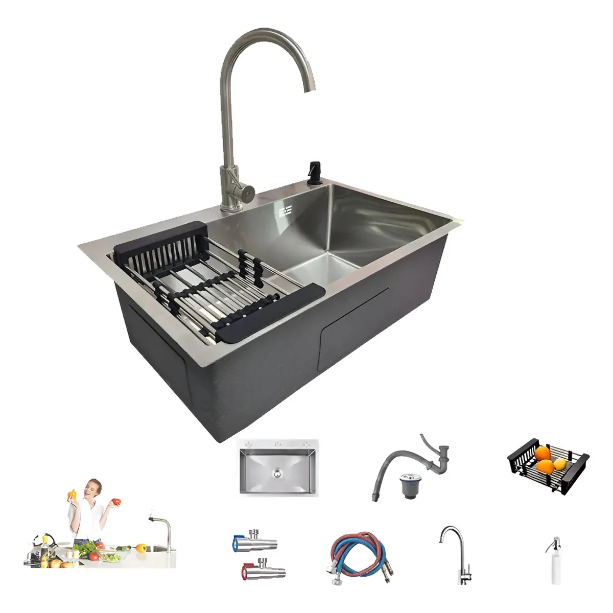 KUANGYE - Combo Lavaplato Empotrado 68x45cm Fregadero Cocina 304 Acero Inoxidable Con Rejilla+Llave