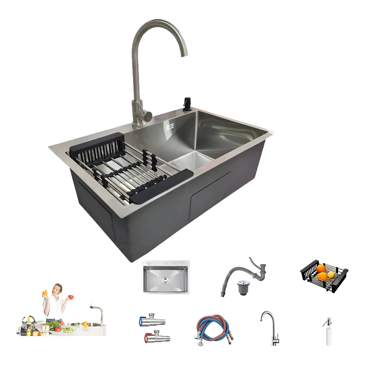 KUANGYE - Combo Lavaplato Empotrado 68x45cm Fregadero Cocina 304 Acero Inoxidable Con Rejilla+Llave