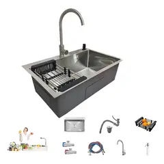 KUANGYE - Combo Lavaplato Empotrado 68x45cm Fregadero Cocina 304 Acero Inoxidable Con Rejilla+Llave