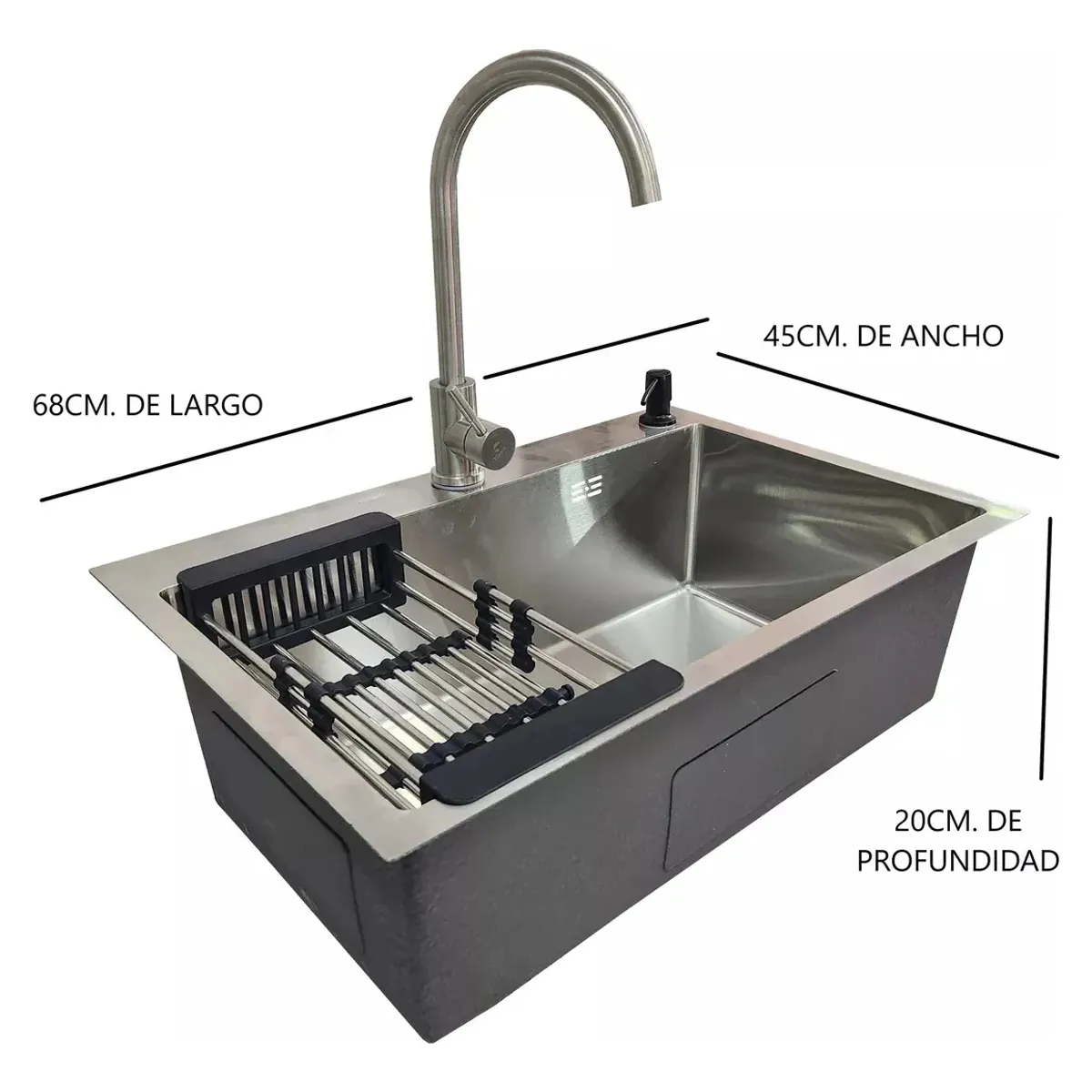 KUANGYE - Combo Lavaplato Empotrado 68x45cm Fregadero Cocina 304 Acero Inoxidable Con Rejilla+Llave