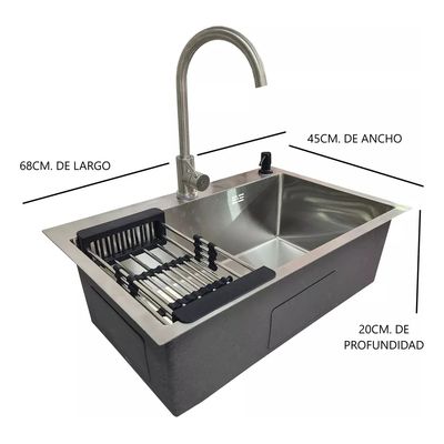 Imagen 2 del producto Combo Lavaplato Empotrado 68x45cm Fregadero Cocina 304 Acero Inoxidable Con Rejilla+Llave