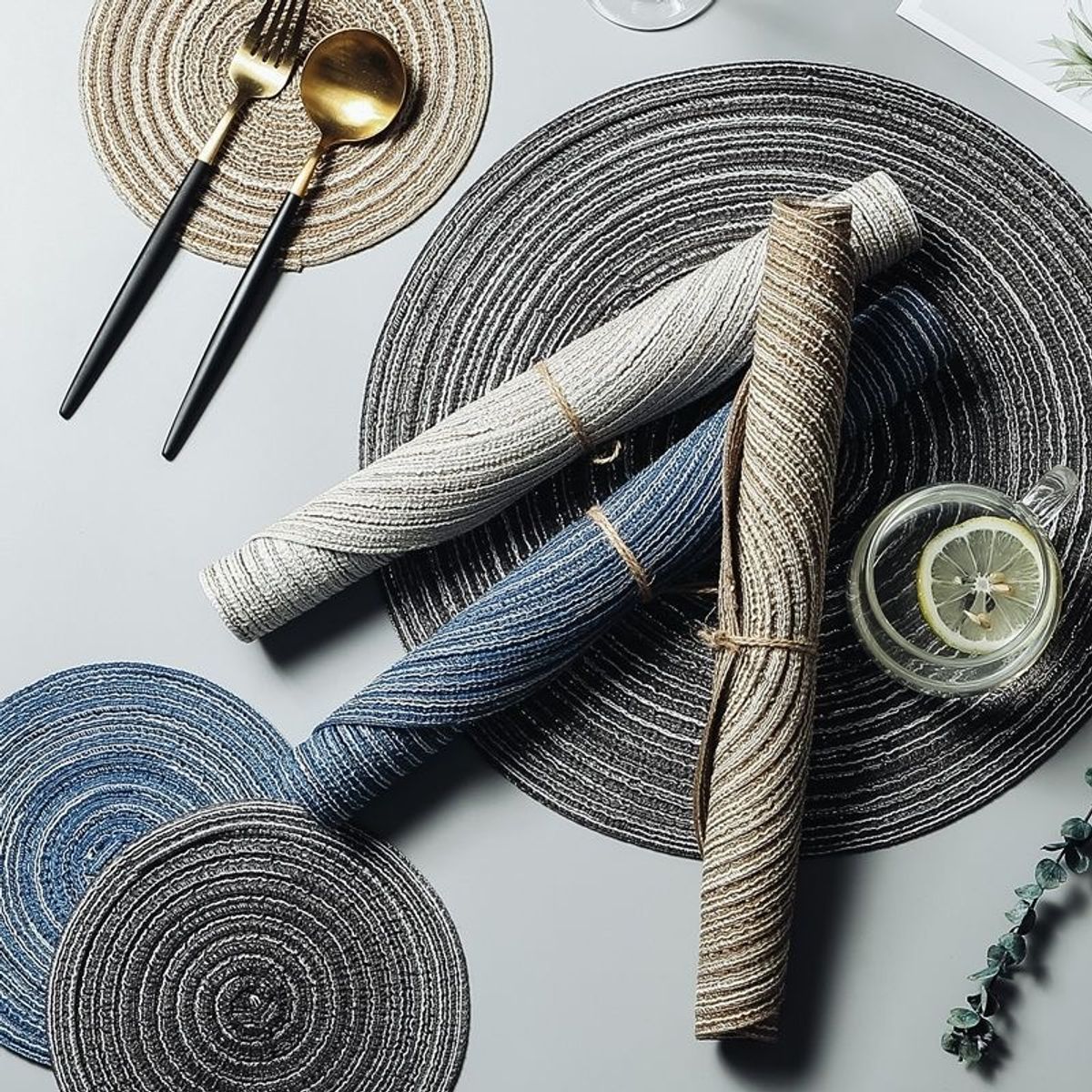 OKAY - Set De 6 Individuales Redondos Trenzados 38cm Negro