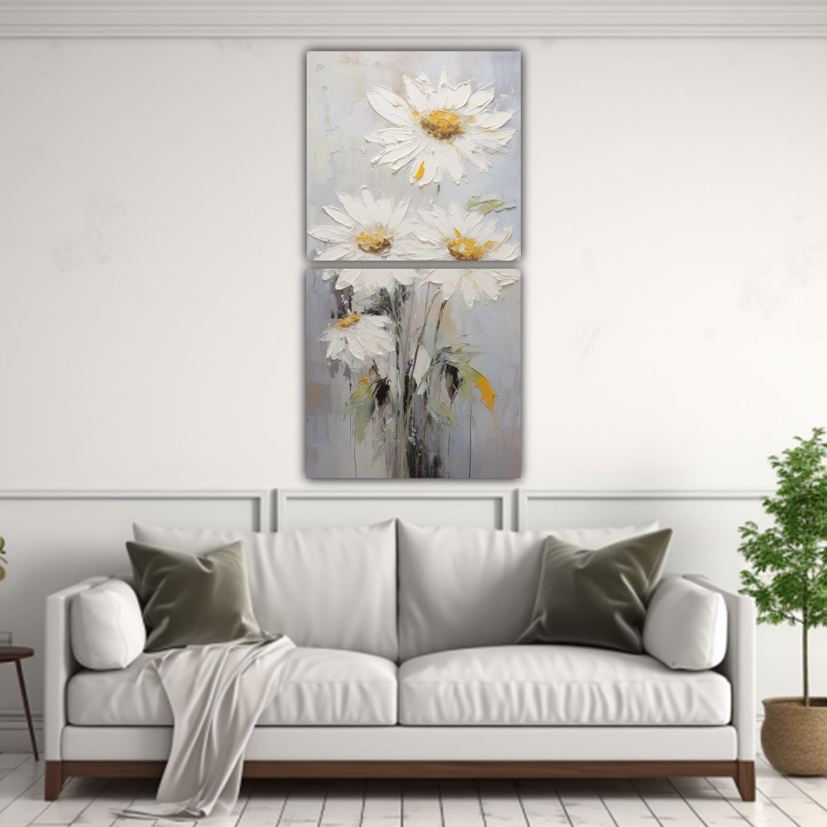 GENERICO - Cuadro Vertical De Girasoles Blancos En Lienzo Al 40x80 Cm