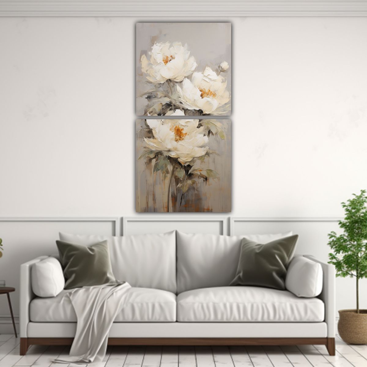 GENERICO - Cuadro Acuarela De Peonías Blancas Estilo 30x60 Cm