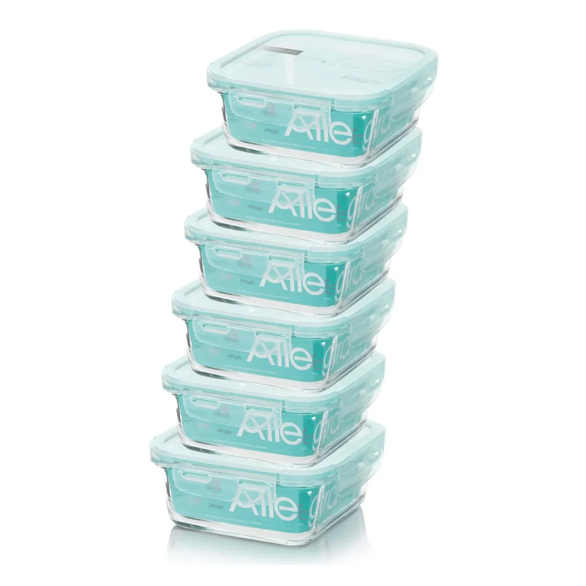 ALLEGRA - Set 6 Contenedores Hermetico Vidrio Cuadrado 380mL Allegra