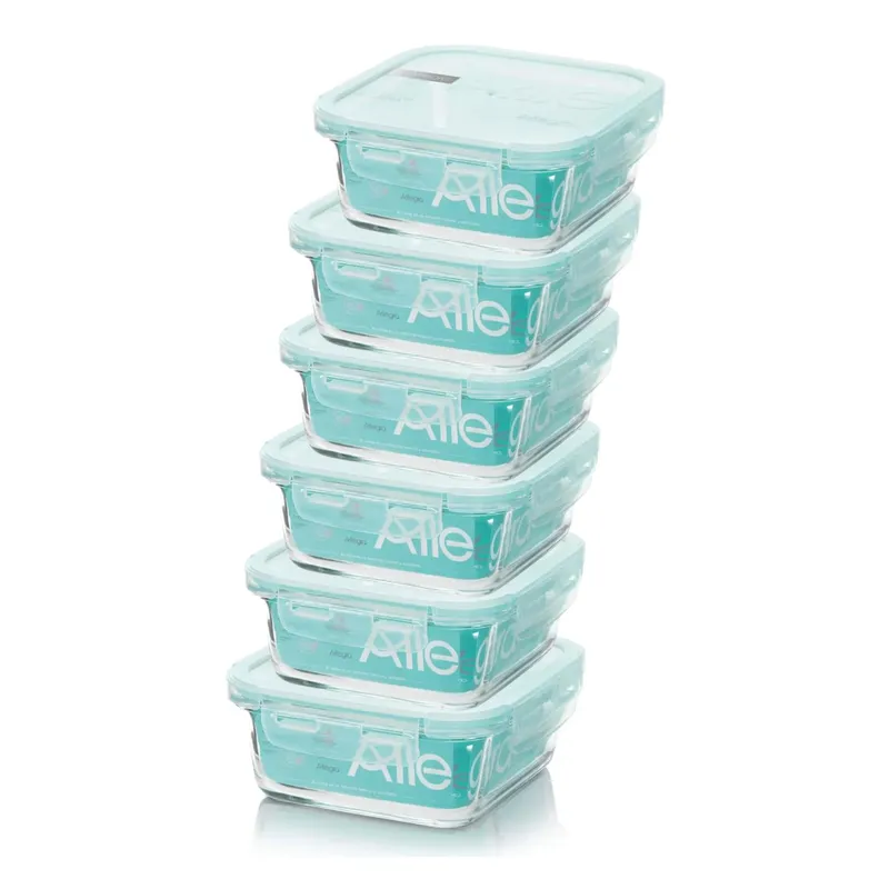ALLEGRA - Set 6 Contenedores Hermetico Vidrio Cuadrado 380mL Allegra