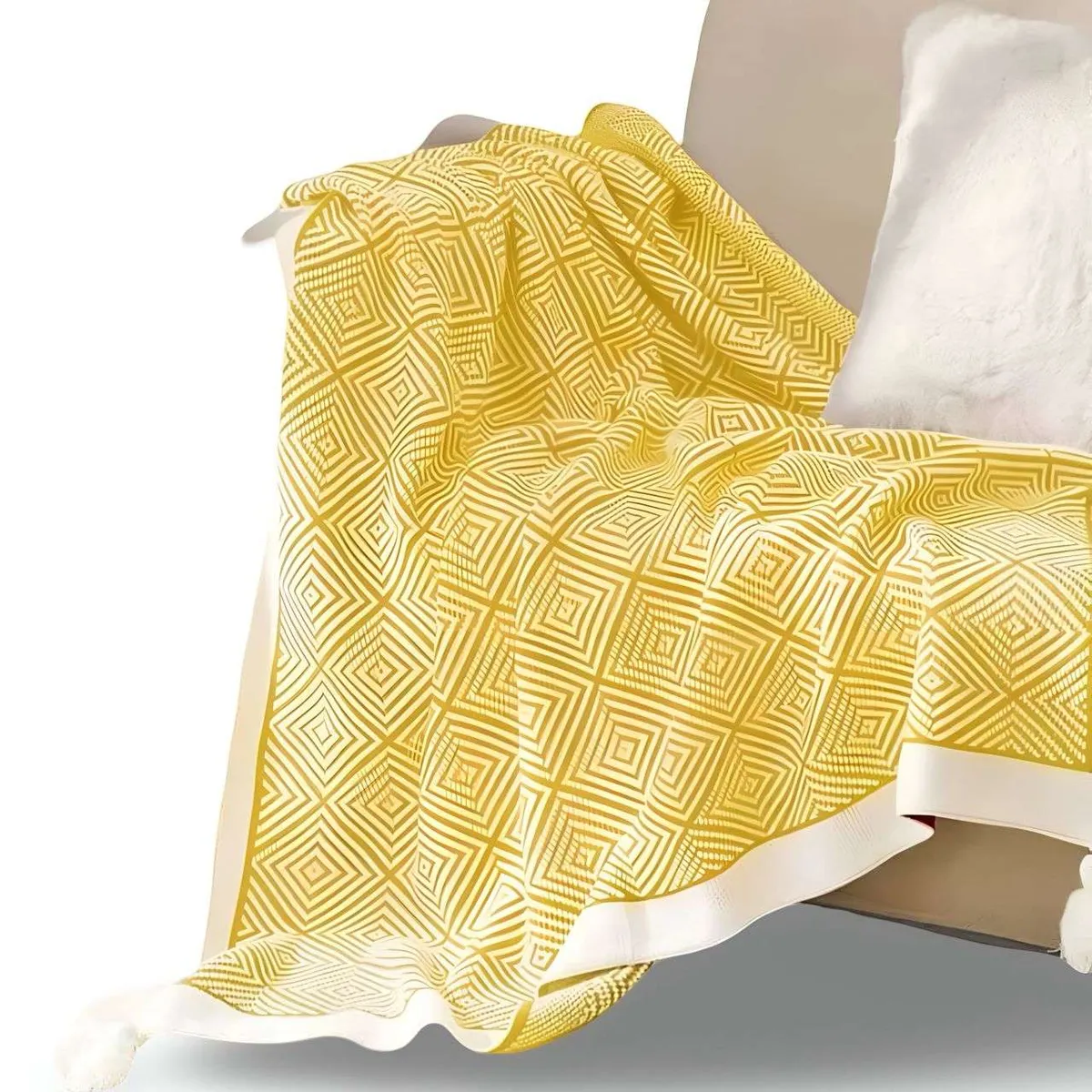 GENERICO - Manta con pompon 130x150 cm Amarillo
