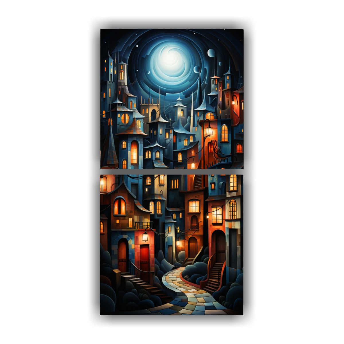 GENERICO - Paisaje Urbano En Estilo Cubista 2 Lienzos 60x120 Cm