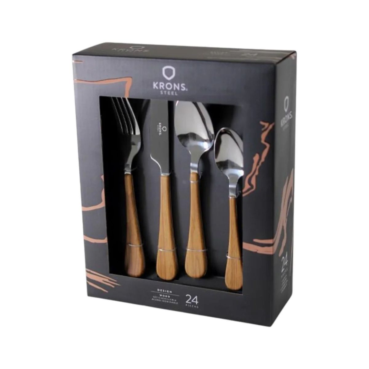 GENERICO - Set Cubiertos 24 Piezas Krons Wood Diseño Madera Acero