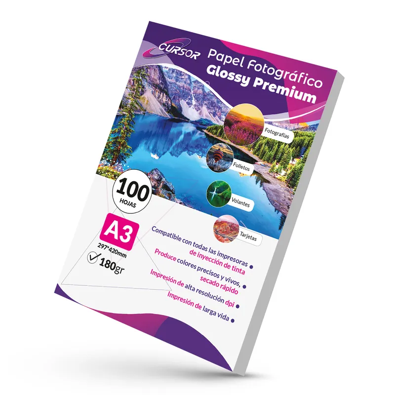 CURSOR - Papel Fotográfico Glossy A3 180gr Pack 100 Hjs - Blanco