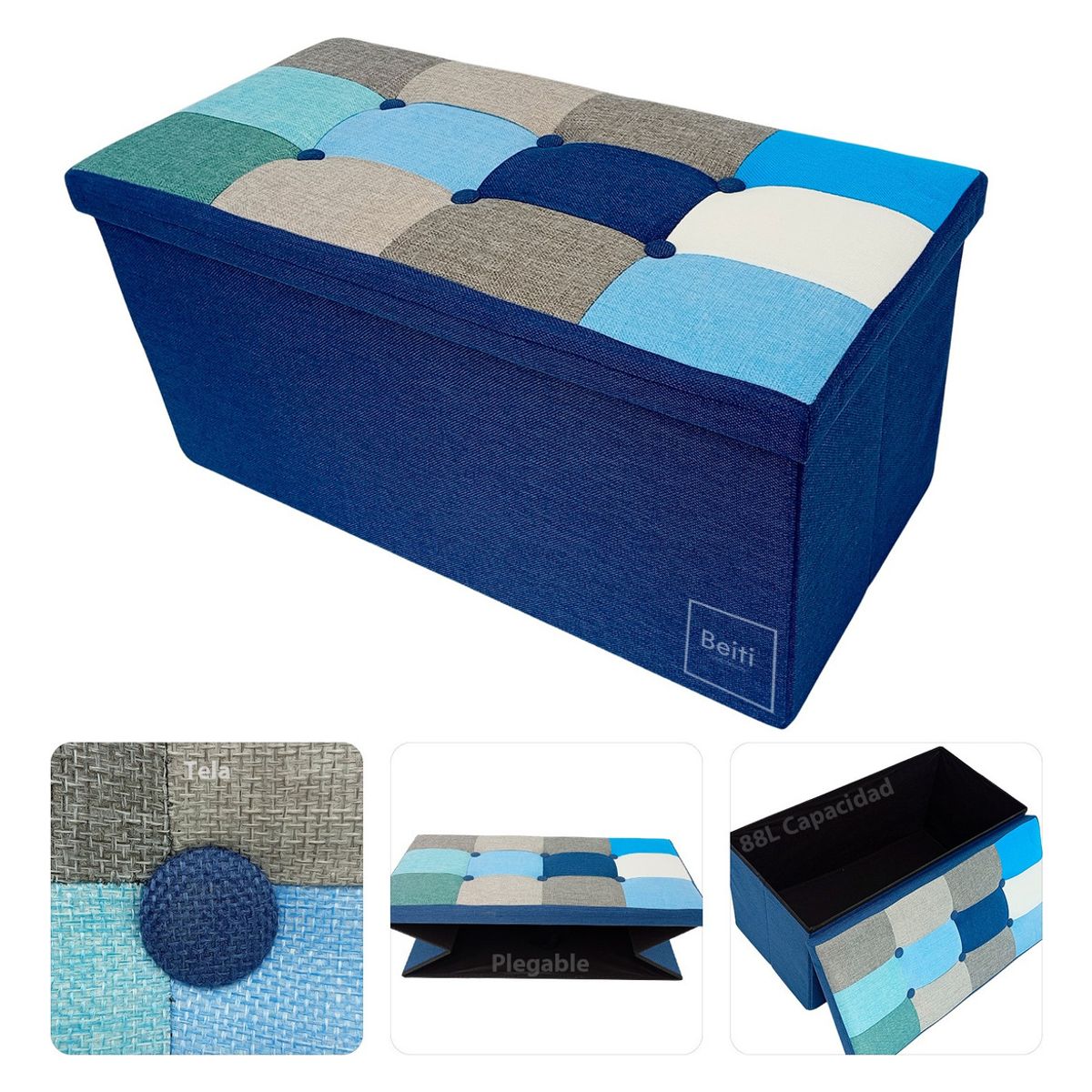 HOMEBRANDT - Puff Baúl Plegable Organizador 76x38 Tela Mix Azul