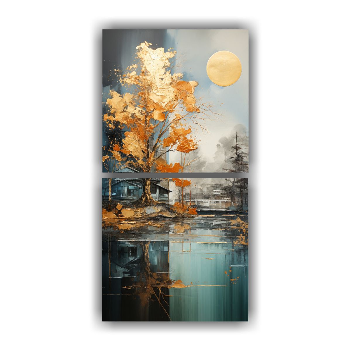 GENERICO - Paisaje Abstracto De árboles En Plata Y Oro Con 50x100 Cm