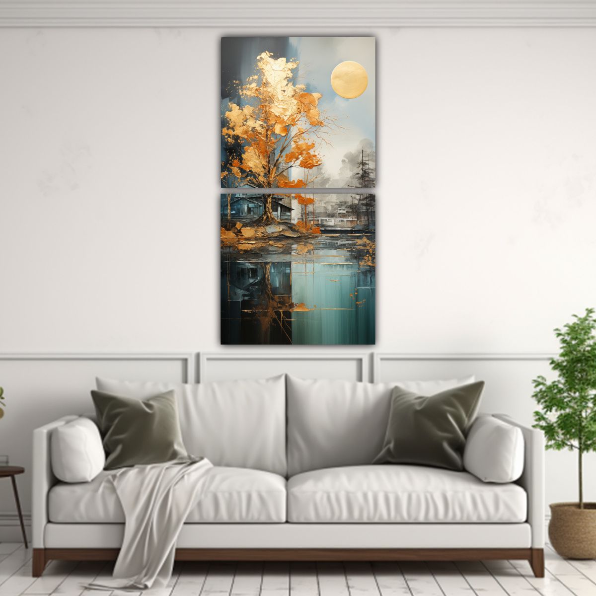 GENERICO - Paisaje Abstracto De árboles En Plata Y Oro Con 50x100 Cm