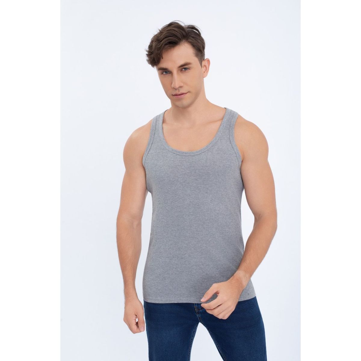 LIKE SHOP - Camiseta Hombre Elasticada Sin Manga Acanalada Algodón 7610