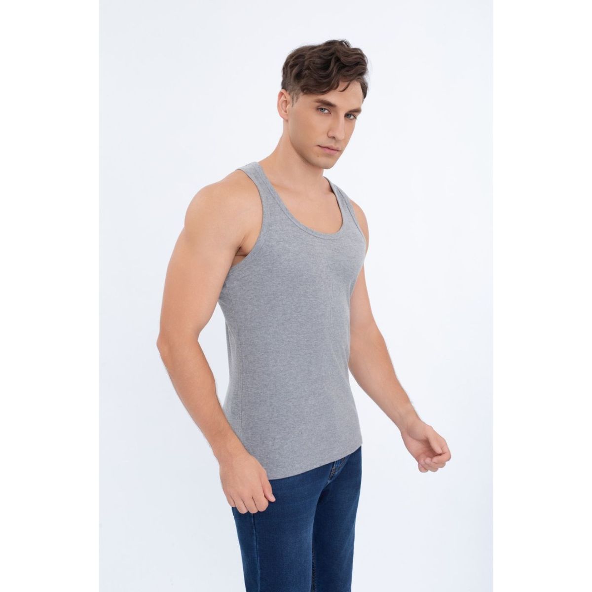 LIKE SHOP - Camiseta Hombre Elasticada Sin Manga Acanalada Algodón 7610