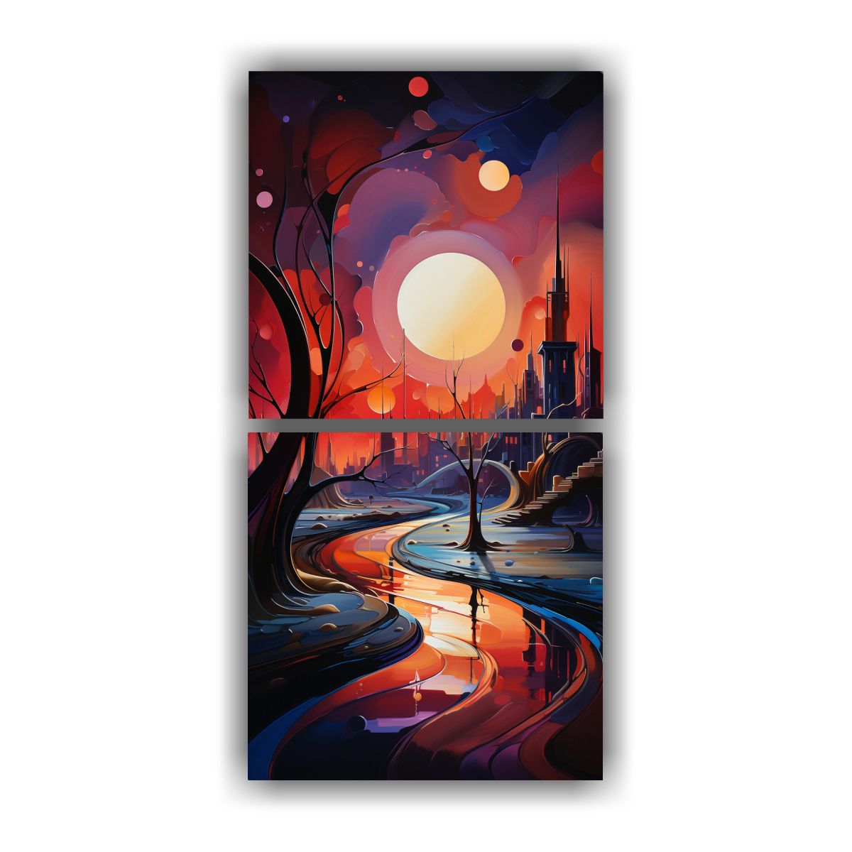 GENERICO - Dos Cuadros Decorativo Surrealista Paisaje Futuro 50x100 Cm