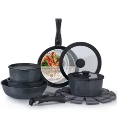 SIMPEL HOME - Juego De Ollas Y Sarten Simpel Antiadherente Granito 15pzs Negro
