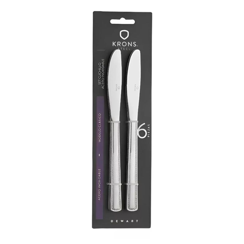 KRONS - Set 6 Cuchillos Mesa Perlados Newcastle Blister Plateado Krons