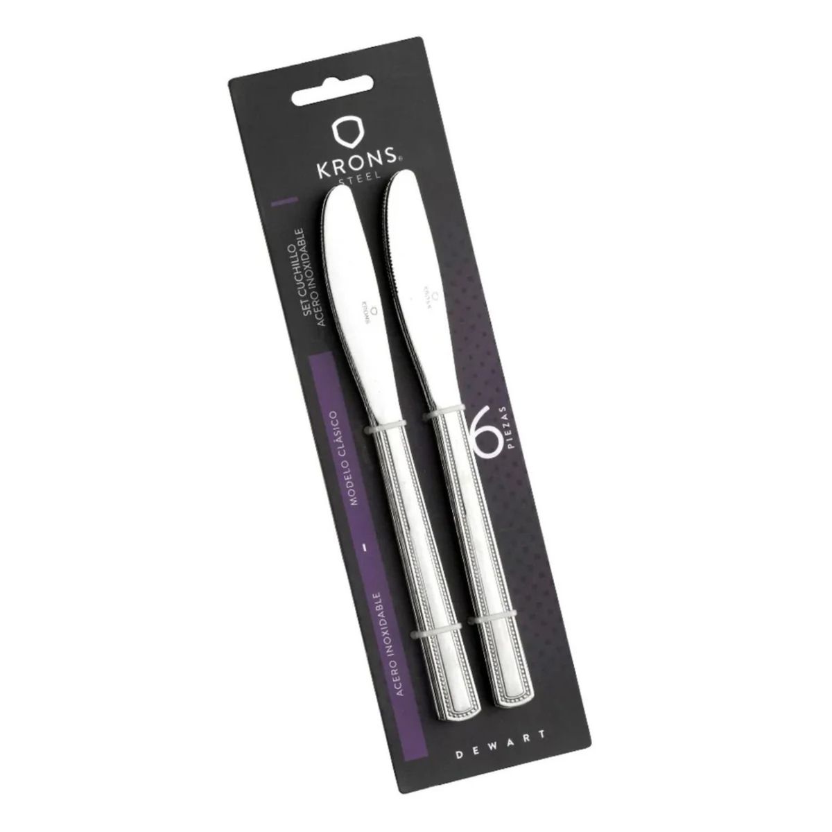 KRONS - Set 6 Cuchillos Mesa Perlados Newcastle Blister Plateado Krons