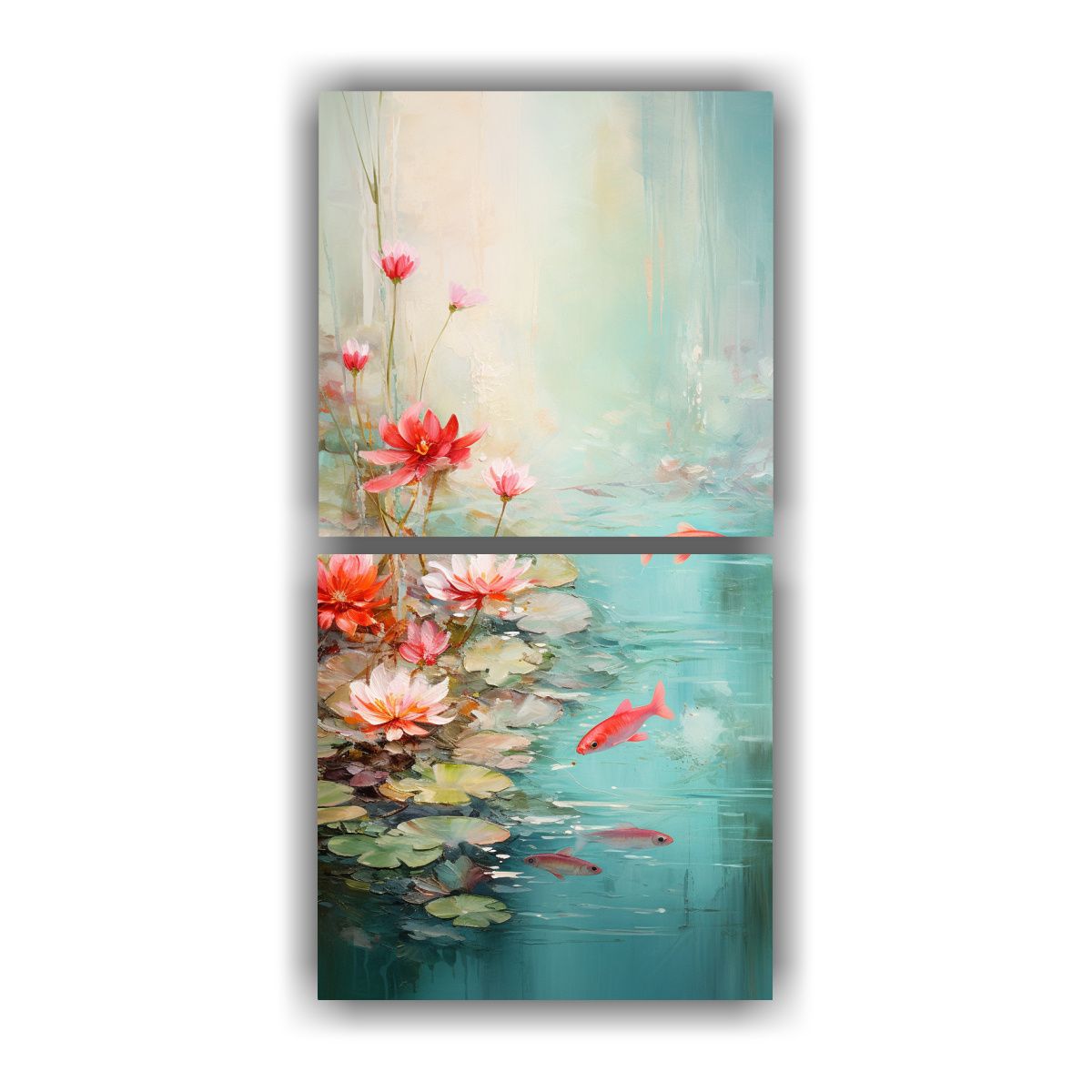 GENERICO - Cuadro Abstracto Con Nenúfares Y Peces Nadando 50x100 Cm