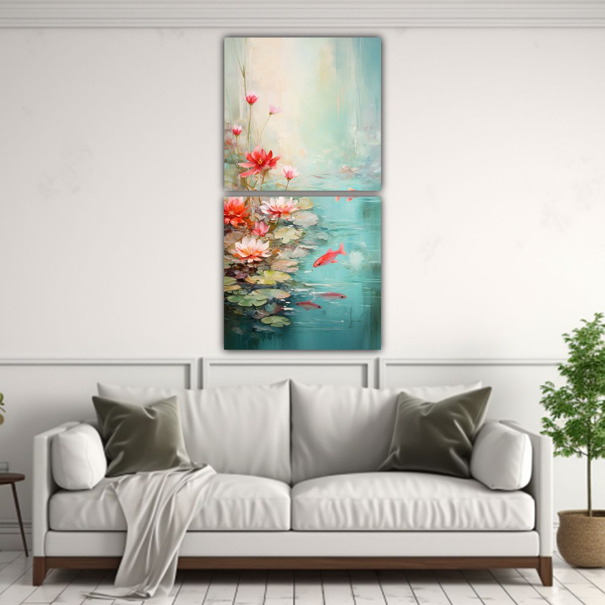 GENERICO - Cuadro Abstracto Con Nenúfares Y Peces Nadando 50x100 Cm