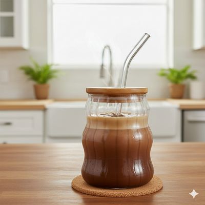 Imagen 2 del producto 4 Vasos Creativos Con Posavasos Tapa Bambú Y Bombillas 530ml