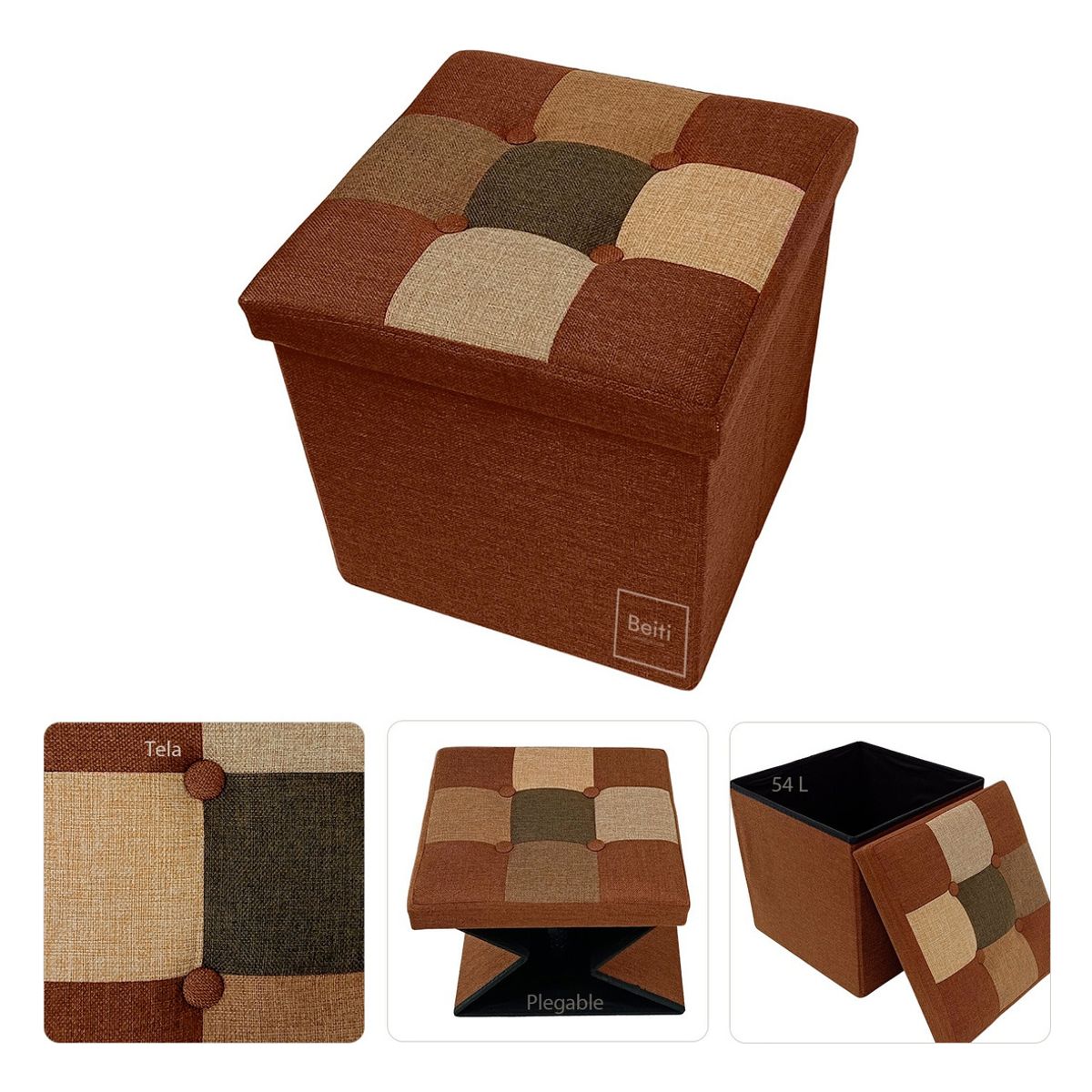 HOMEBRANDT - Puff Baúl Plegable Organizador 38x38 Tela Mix Café