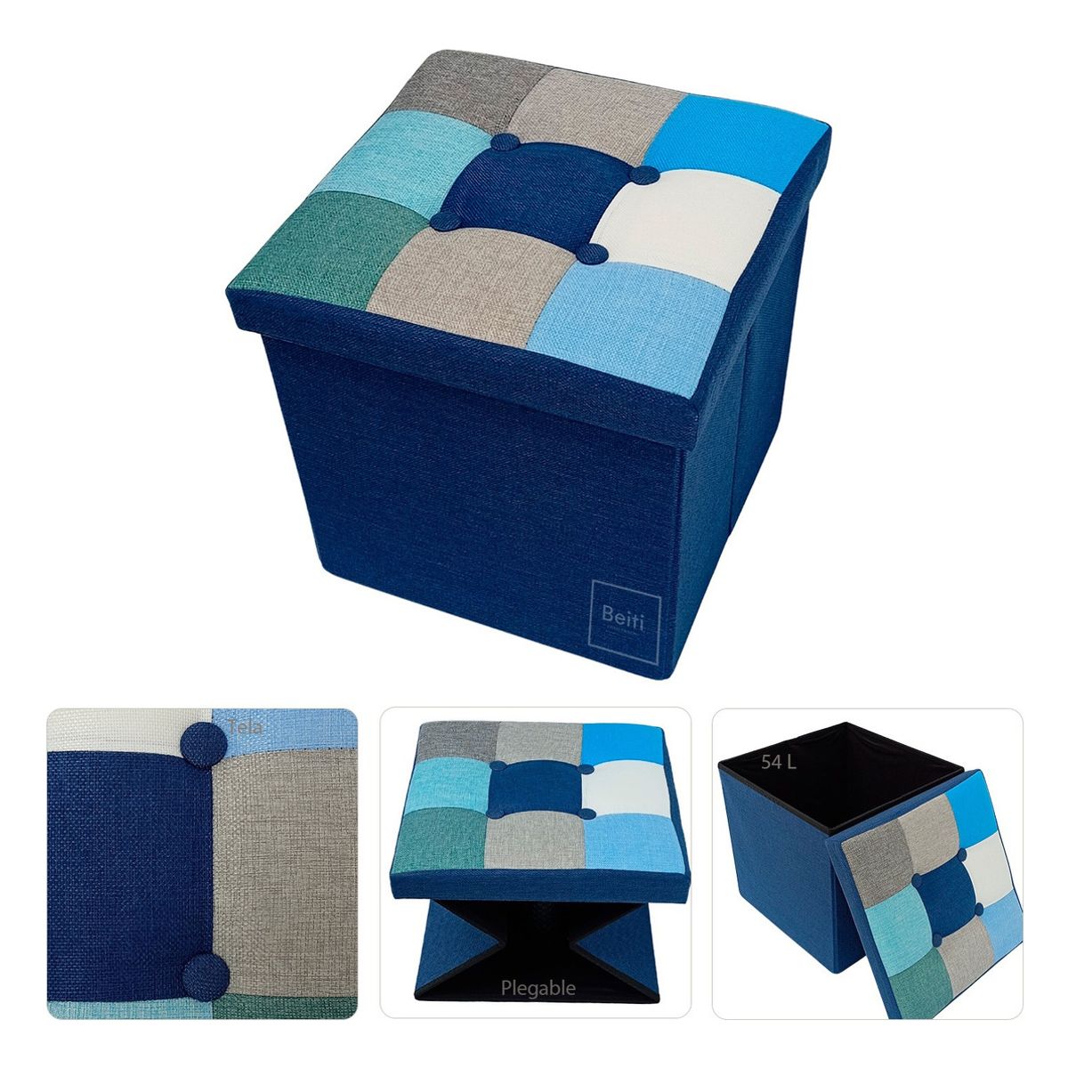 HOMEBRANDT - Puff Baúl Plegable Organizador 38x38 Tela Mix Azul