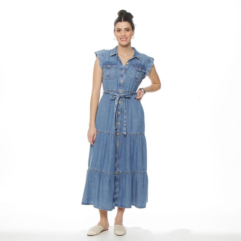 WADOS - VESTIDO DENIM CAMISERO MANGA CORTA ABOTONADO EN DELANTERO CON LAZO